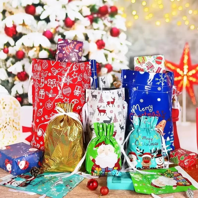 Christmas Gift Bags 5PCS Stand up Drawstring Foil Gift Wrapping Sacks Pouches for Xmas Presents Party Favor Decoration Supplies