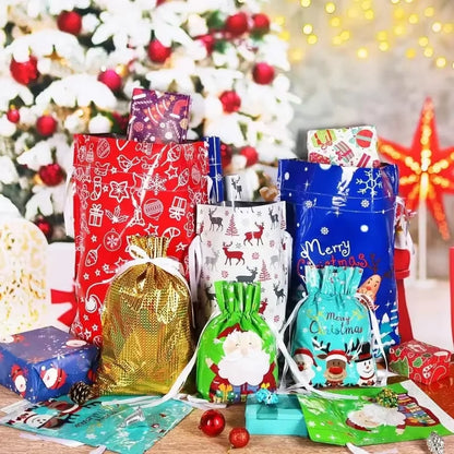 Christmas Gift Bags 5PCS Stand up Drawstring Foil Gift Wrapping Sacks Pouches for Xmas Presents Party Favor Decoration Supplies