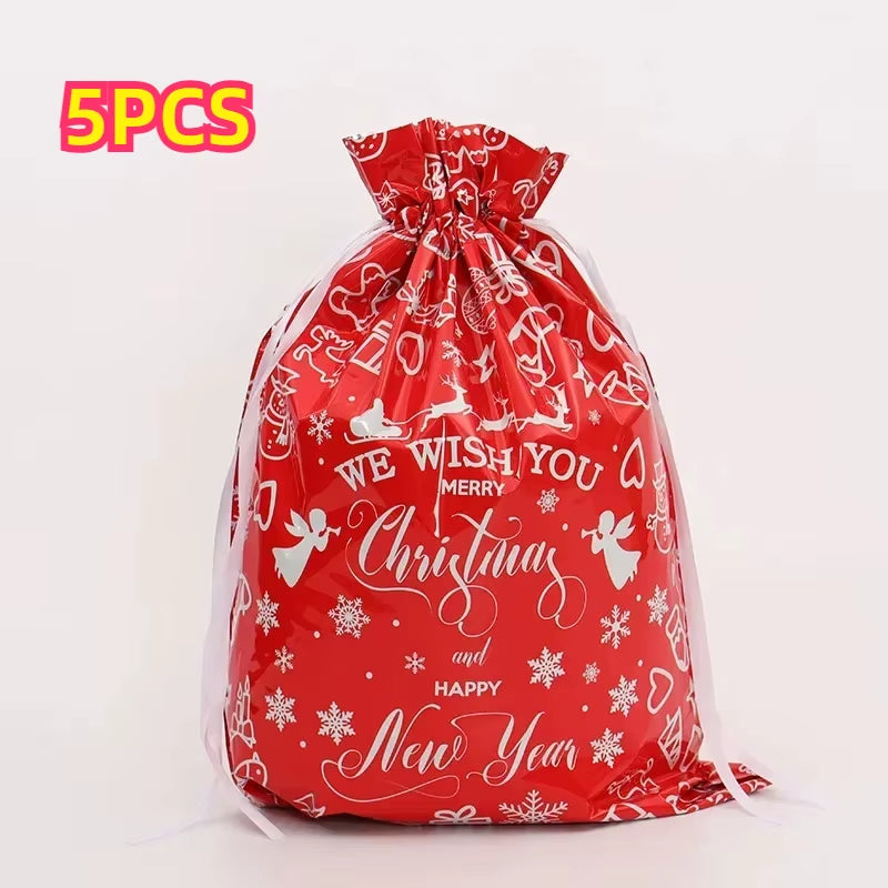 Christmas Gift Bags 5PCS Stand up Drawstring Foil Gift Wrapping Sacks Pouches for Xmas Presents Party Favor Decoration Supplies